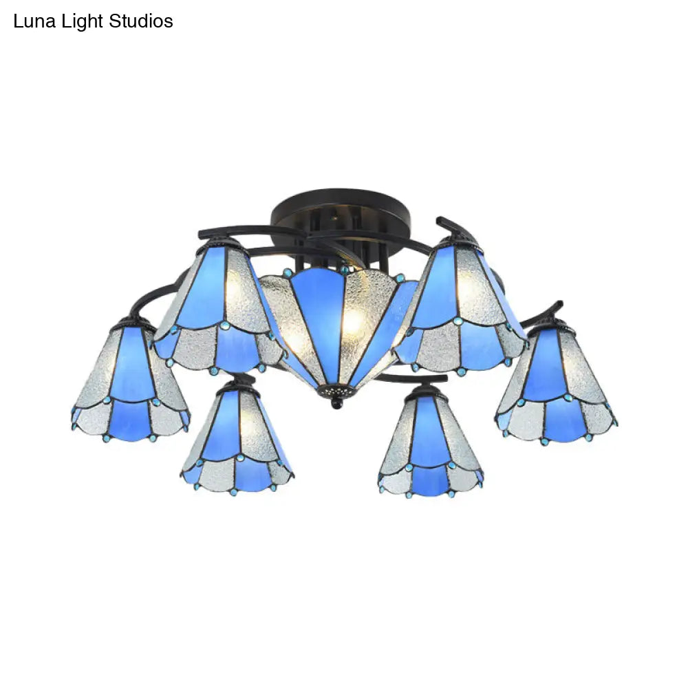 Blue And White Glass Semi-Flush Conical Ceiling Light With 9/11 Lights - Black Lighting Fixture For