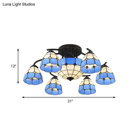 Blue And White Glass Semi-Flush Conical Ceiling Light With 9/11 Lights - Black Lighting Fixture For