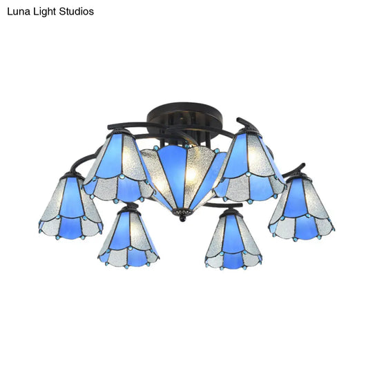 Blue And White Glass Semi - Flush Conical Ceiling Light With 9/11 Lights - Black Lighting Fixture