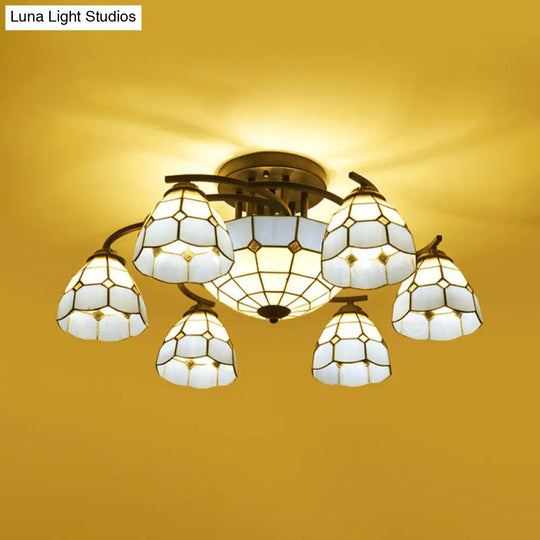 Blue And White Glass Semi - Flush Conical Ceiling Light With 9/11 Lights - Black Lighting Fixture