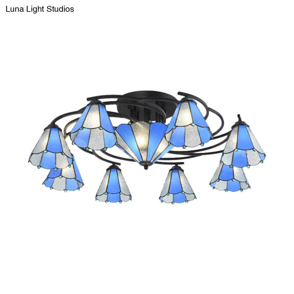 Blue And White Glass Semi-Flush Conical Ceiling Light With 9/11 Lights - Black Lighting Fixture For