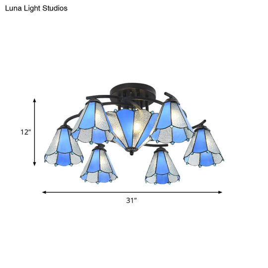 Blue And White Glass Semi - Flush Conical Ceiling Light With 9/11 Lights - Black Lighting Fixture