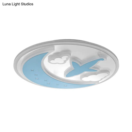 Blue And White Led Moon Ceiling Light With Carved Plane & Cloud Design