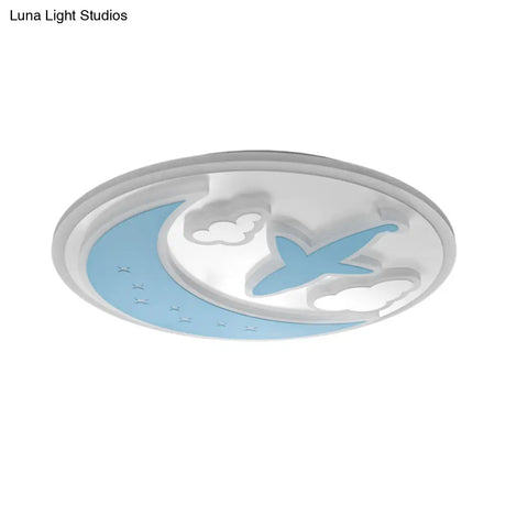 Blue And White Led Moon Ceiling Light With Carved Plane & Cloud Design