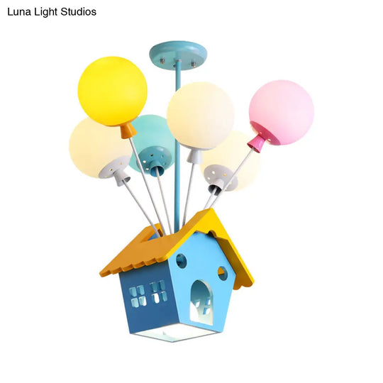 Blue Balloon House Hanging Lamp: Cartoon-Style Chandelier With 6 Wooden Bulbs & Multicolored Glass