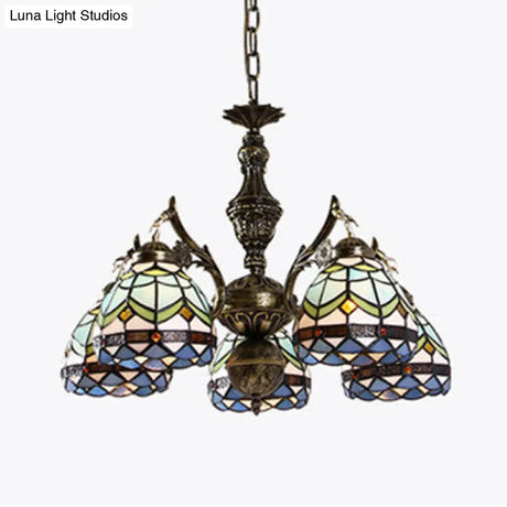 Blue Baroque Dome Stained Glass Chandelier - 5 Light Suspension Lamp For Living Room