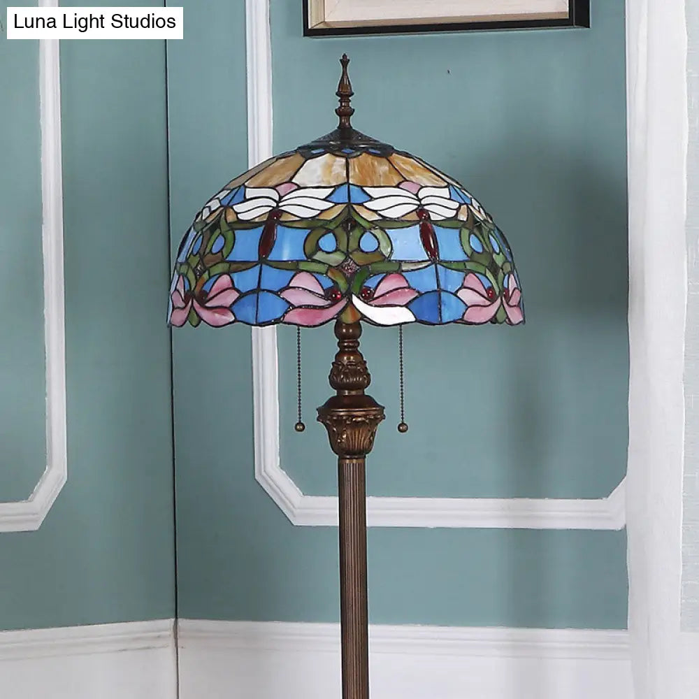 Blue Baroque Dome Stained Glass Standing Light With Pull Chain - Set Of 2 Bulbs For Floor Lighting