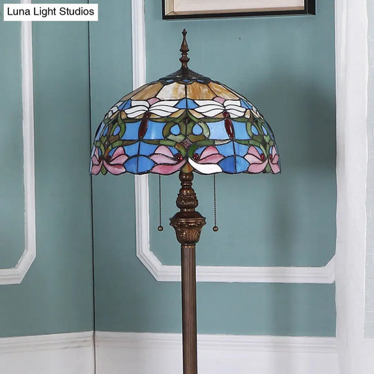 Blue Baroque Dome Stained Glass Standing Light With Pull Chain - Set Of 2 Bulbs For Floor Lighting