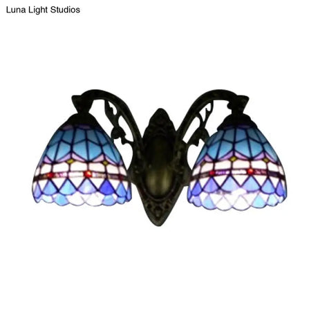 Blue Baroque Stained Glass Dome Sconce Light With Curved Arm - 2 Wall Fixture For Bedroom