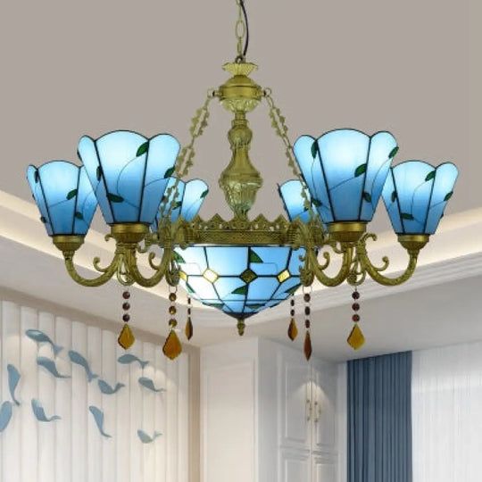 Blue/Beige Stained Glass Crystal Chandelier with Rustic Leaf Pattern and 8 Lights Blue