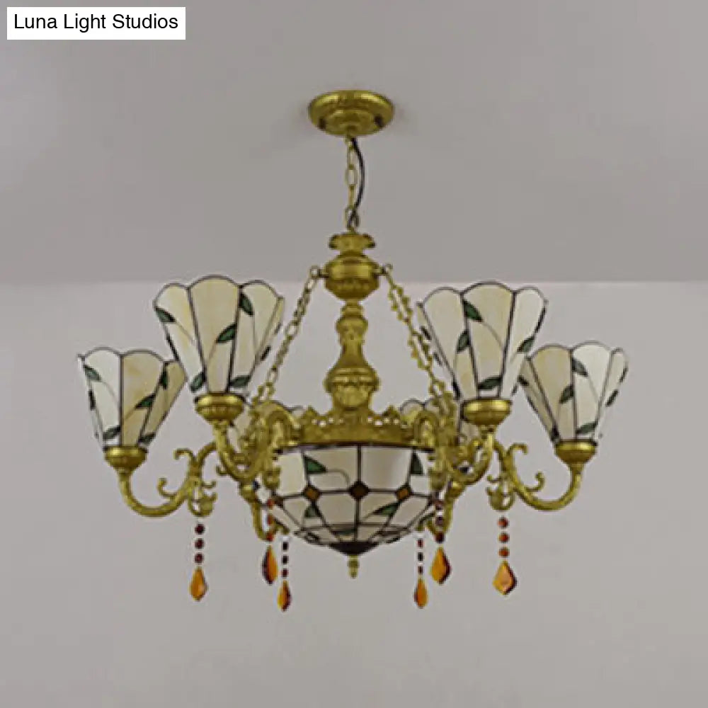 Blue/Beige Stained Glass Crystal Chandelier with Rustic Leaf Pattern and 8 Lights
