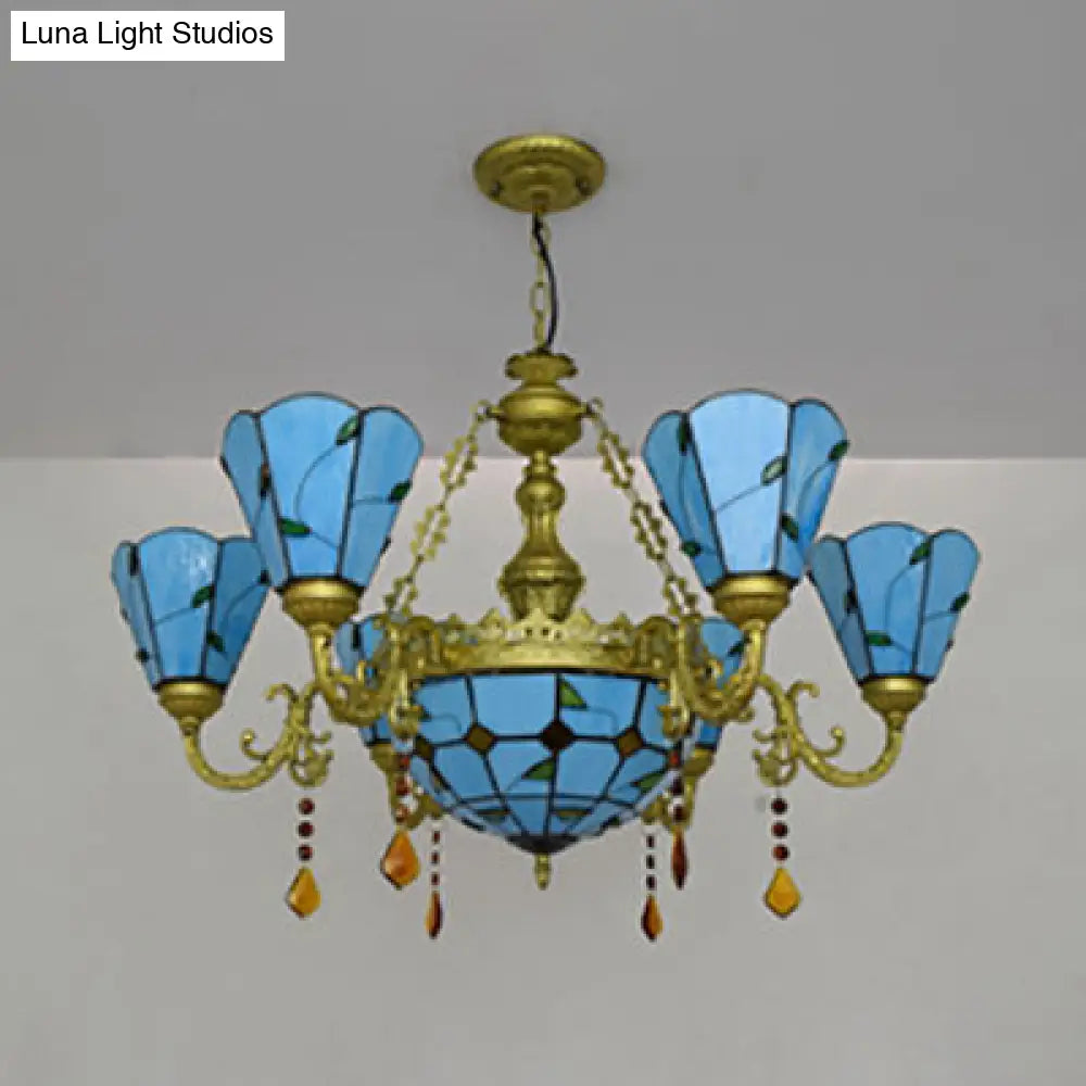 Blue/Beige Stained Glass Crystal Chandelier with Rustic Leaf Pattern and 8 Lights