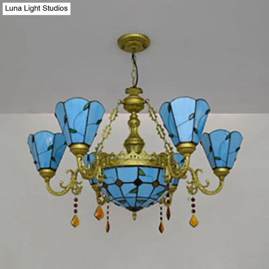 Blue/Beige Stained Glass Crystal Chandelier with Rustic Leaf Pattern and 8 Lights