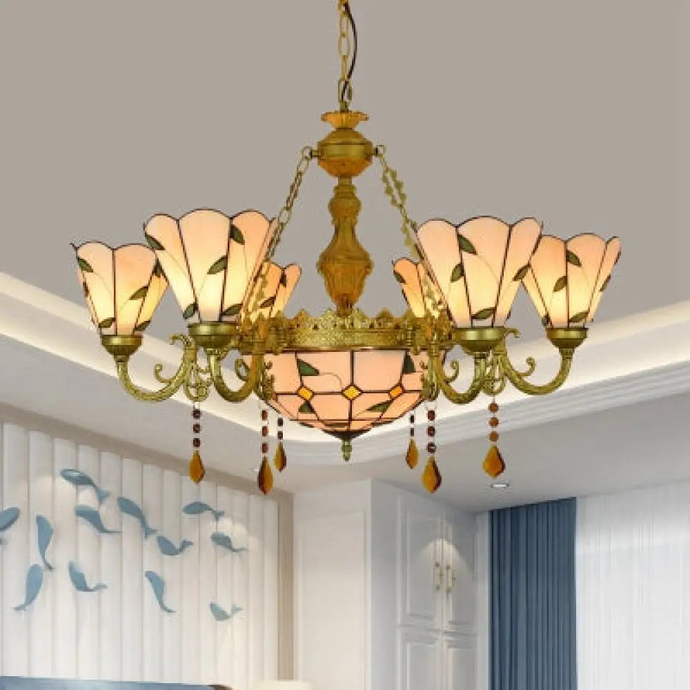 Blue/Beige Stained Glass Crystal Chandelier with Rustic Leaf Pattern and 8 Lights Beige