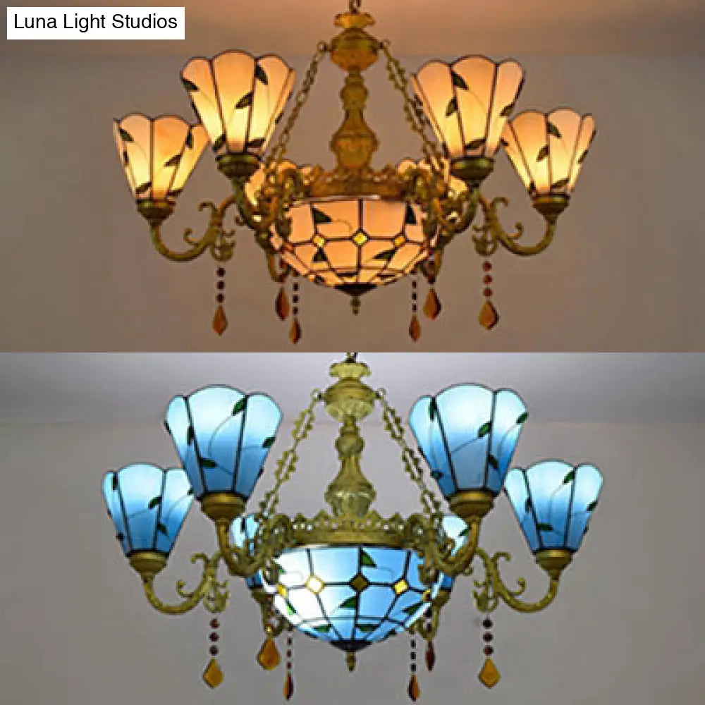 Blue/Beige Stained Glass Crystal Chandelier with Rustic Leaf Pattern and 8 Lights