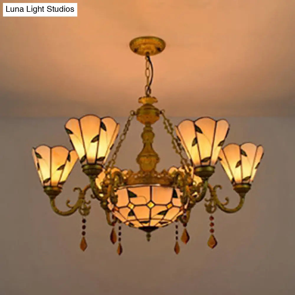 Blue/Beige Stained Glass Crystal Chandelier with Rustic Leaf Pattern and 8 Lights