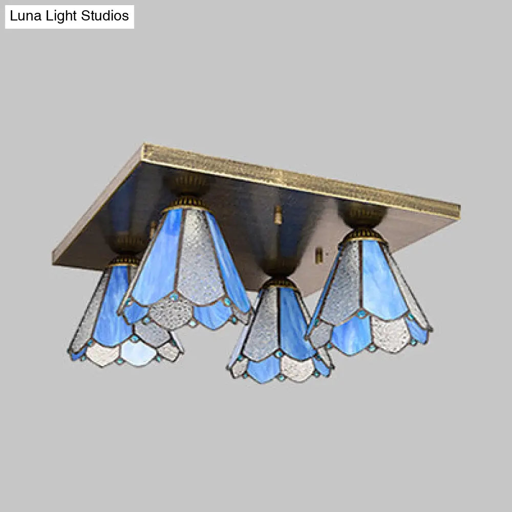 Blue/Beige Tiffany Stained Glass Cone Ceiling Light Fixture With 4 Flush Mount Lights