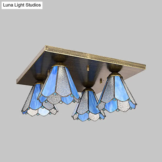 Blue/Beige Tiffany Stained Glass Cone Ceiling Light Fixture With 4 Flush Mount Lights