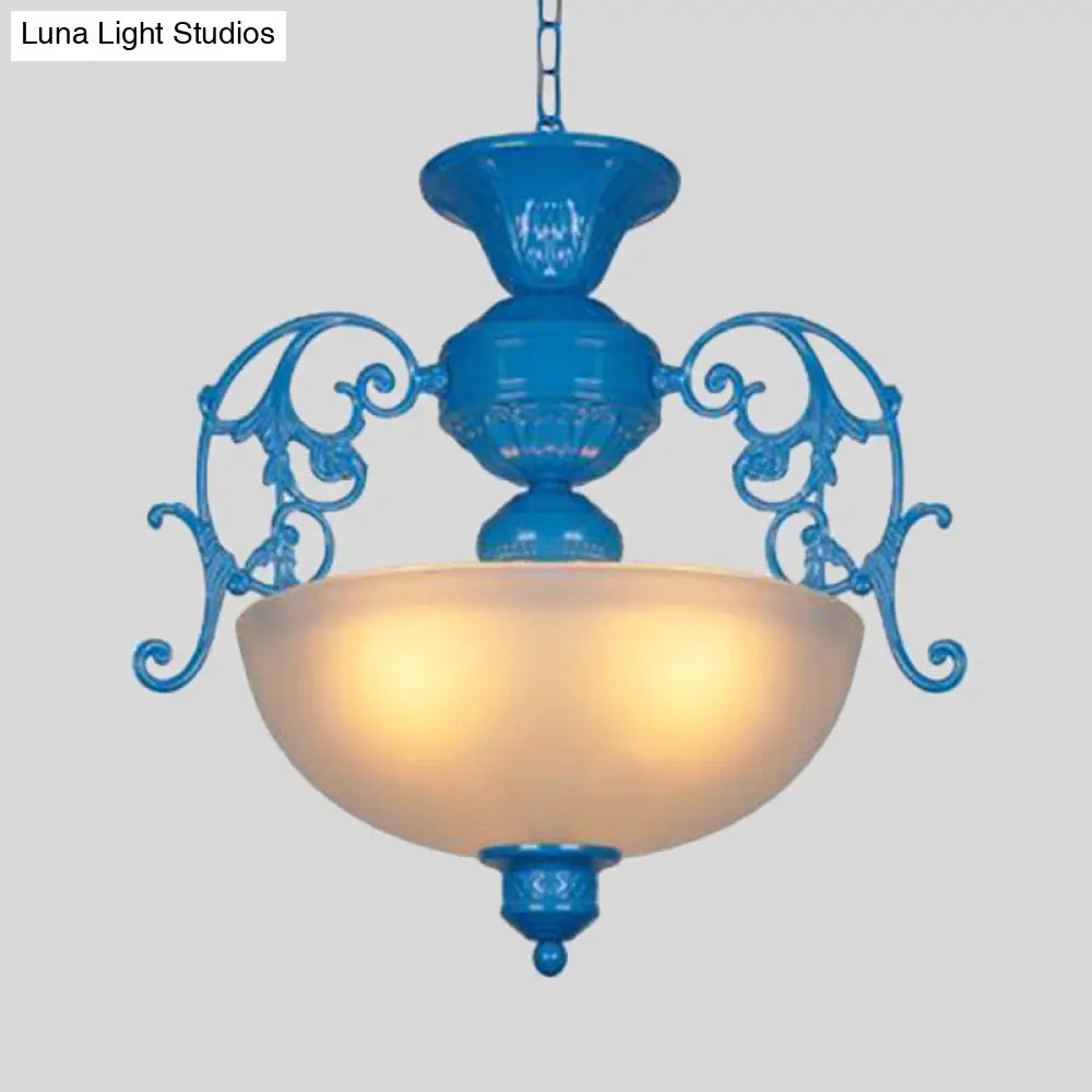 Blue Bowl Chandelier Lamp - Classic Metal Style 3 Lights For Living Room