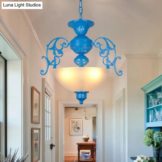 Blue Bowl Chandelier Lamp - Classic Metal Style 3 Lights For Living Room