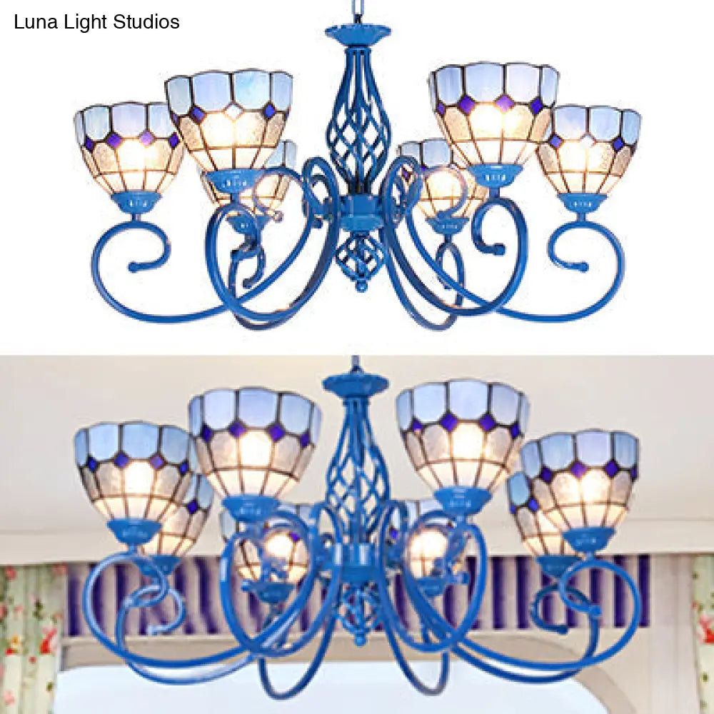 Blue Bowl Pendant Chandelier - 6/8 Lights Mediterranean Style For Living Room