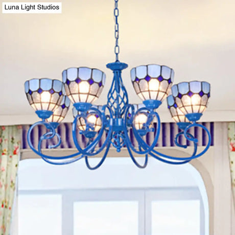 Blue Bowl Pendant Chandelier - 6/8 Lights Mediterranean Style For Living Room