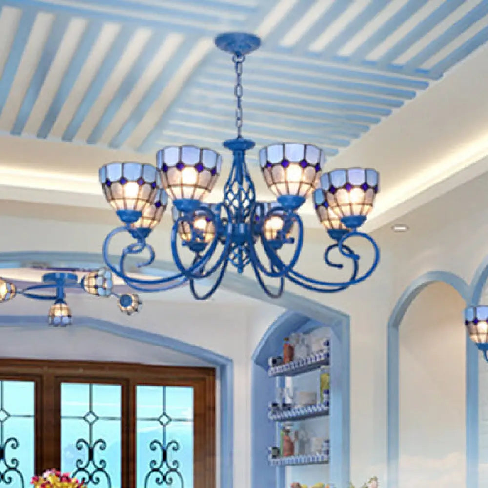Blue Bowl Pendant Chandelier - 6/8 Lights Mediterranean Style For Living Room 8 /