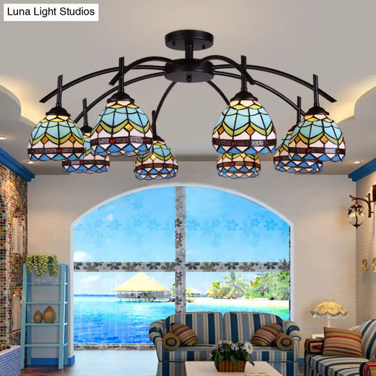 Blue Bowl Stained Glass Semi Flush Mount Lamp - Mediterranean Style With 6/8 Lights Ceiling Fixture