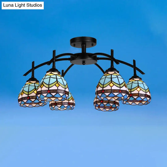 Blue Bowl Stained Glass Semi Flush Mount Lamp - Mediterranean Style With 6/8 Lights Ceiling Fixture