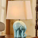 Blue Ceramic Elephant Table Lamp - Farmhouse Night Light With Trapezoid Fabric Shade
