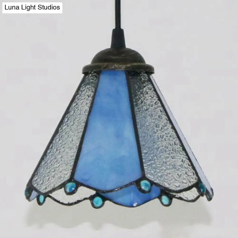 Blue & Clear Glass Tiffany Conical Pendant Light - Dining Room Ceiling Suspension Lamp Blue-Clear
