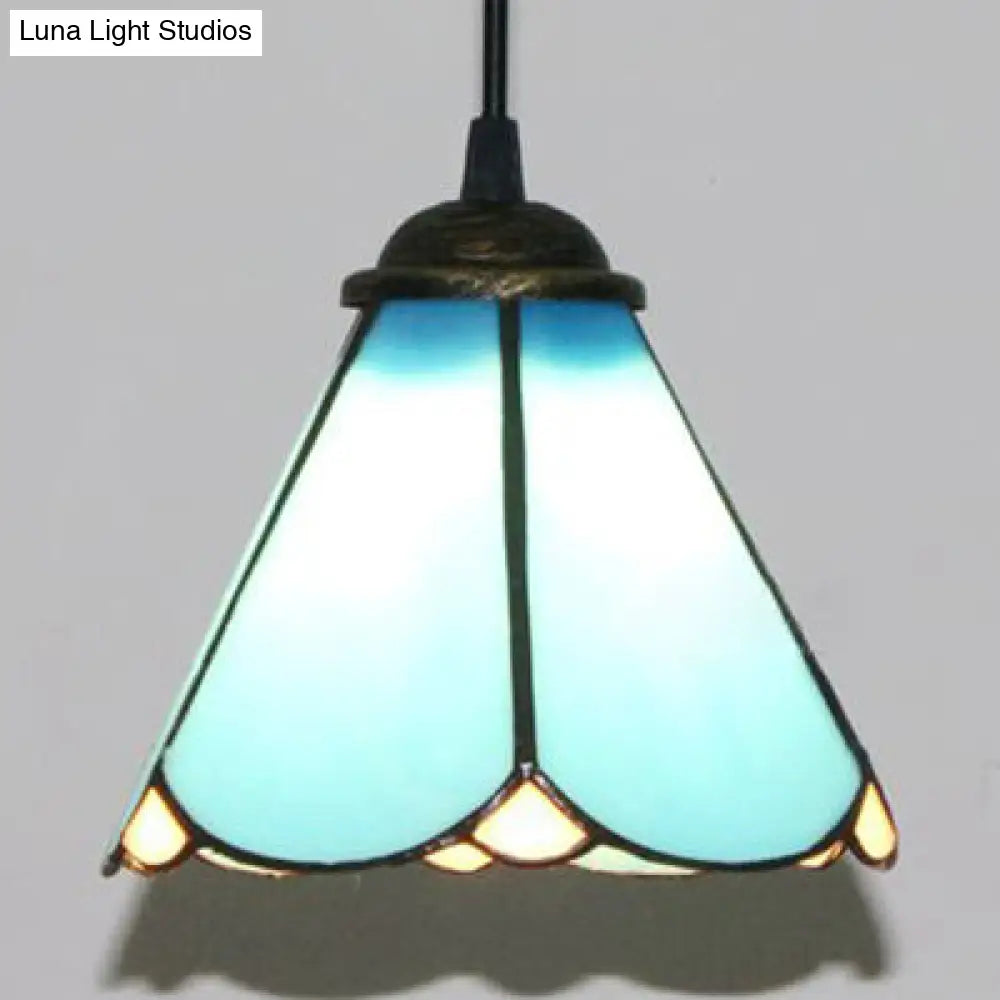Tiffany Conical Hanging Lamp: Blue & Clear Cut Glass Suspension Light For Dining Room