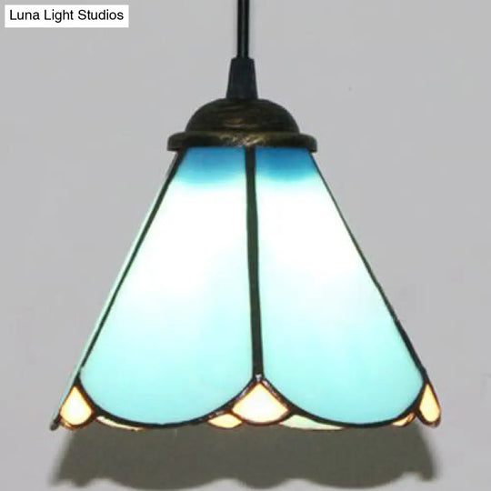Tiffany Conical Hanging Lamp: Blue & Clear Cut Glass Suspension Light For Dining Room