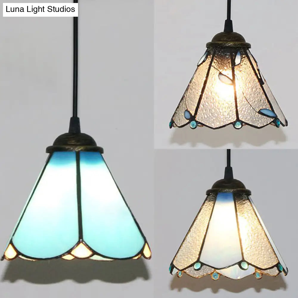 Tiffany Conical Hanging Lamp: Blue & Clear Cut Glass Suspension Light For Dining Room