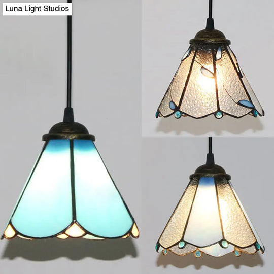 Tiffany Conical Hanging Lamp: Blue & Clear Cut Glass Suspension Light For Dining Room