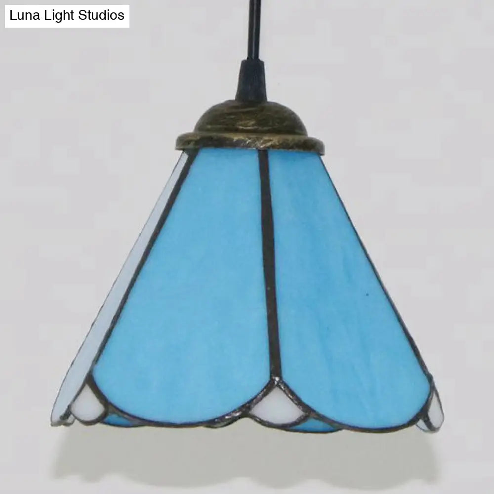 Tiffany Conical Hanging Lamp: Blue & Clear Cut Glass Suspension Light For Dining Room