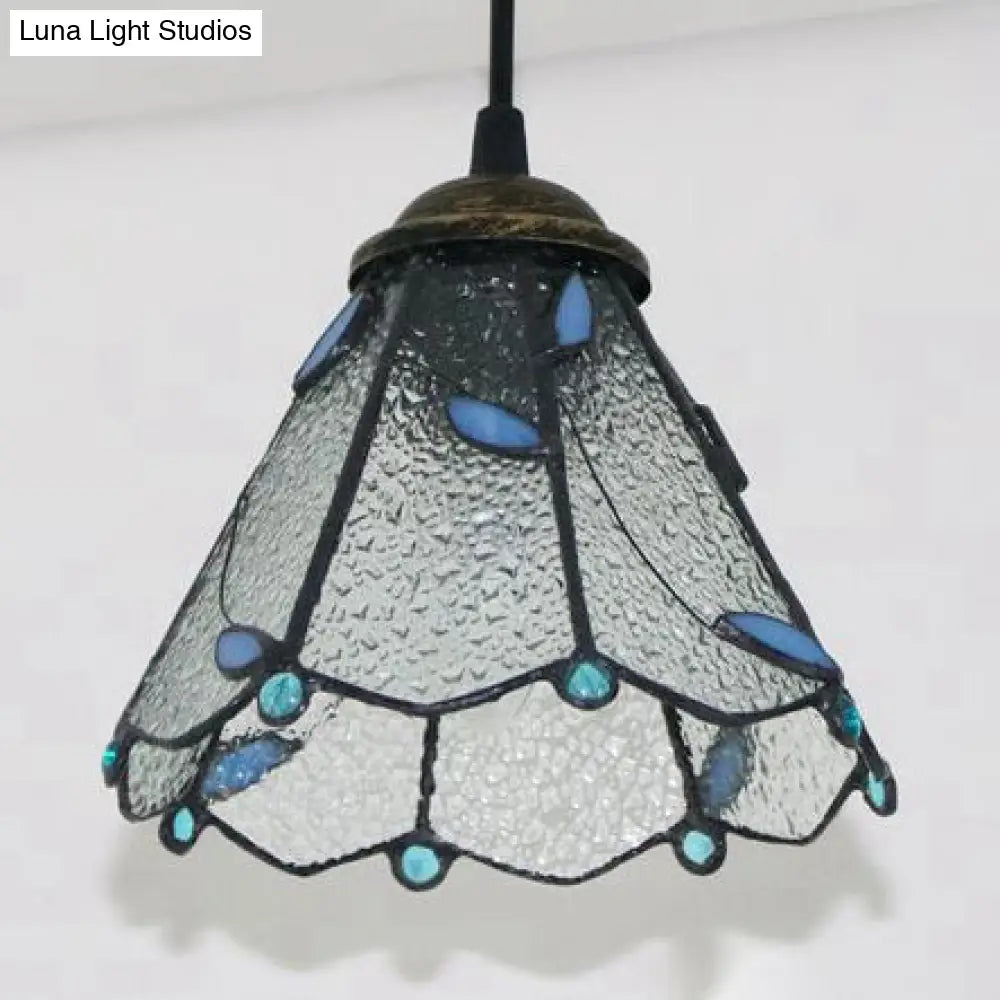 Tiffany Conical Hanging Lamp: Blue & Clear Cut Glass Suspension Light For Dining Room