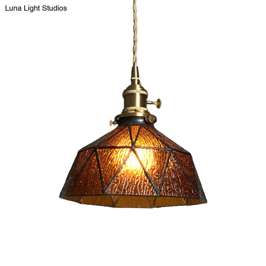 Blue/Clear Textured Glass Pendant - Faceted Barn Shaped 1 Light Country Style Ceiling