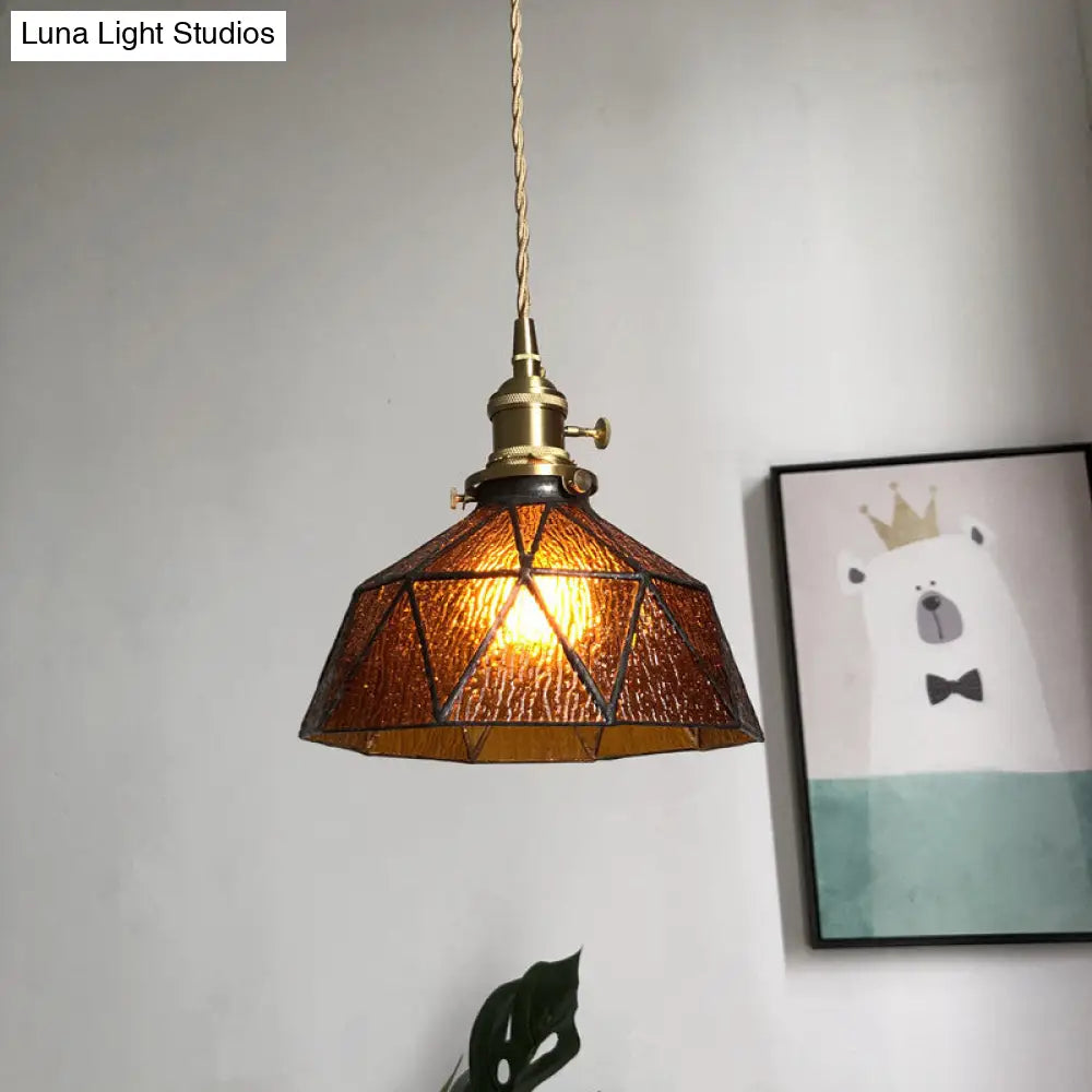 Blue/Clear Textured Glass Pendant With Brass Accents - Country Style Hanging Ceiling Light
