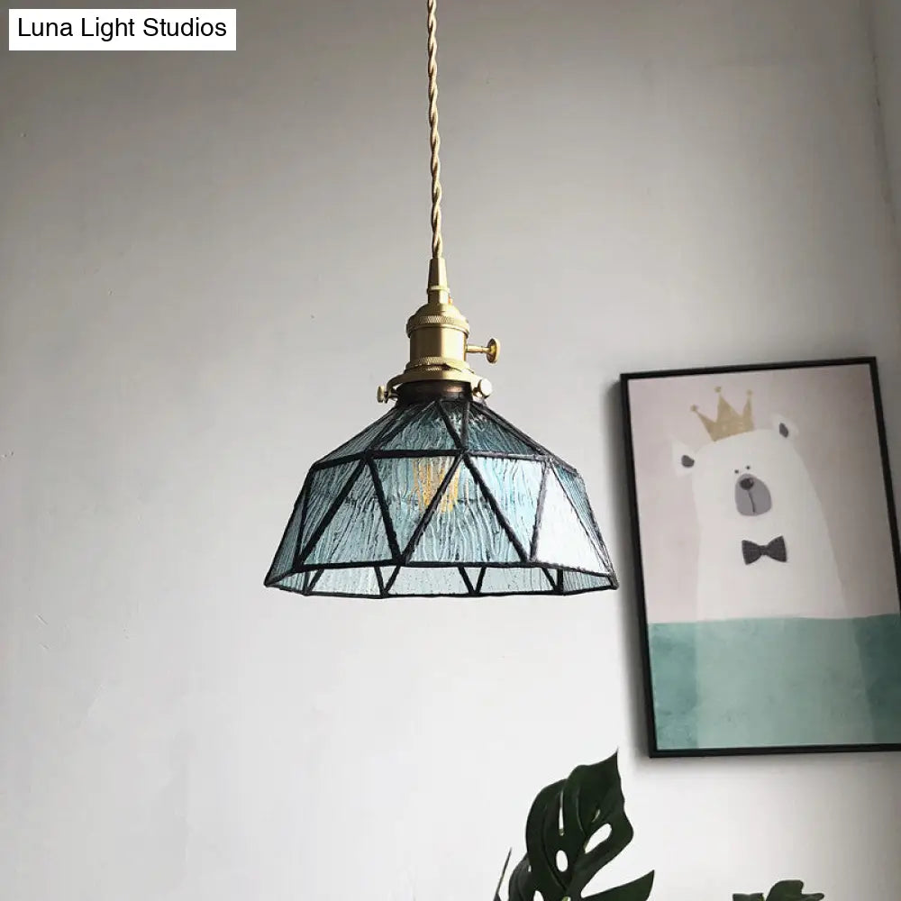 Blue/Clear Textured Glass Pendant - Faceted Barn Shaped 1 Light Country Style Ceiling