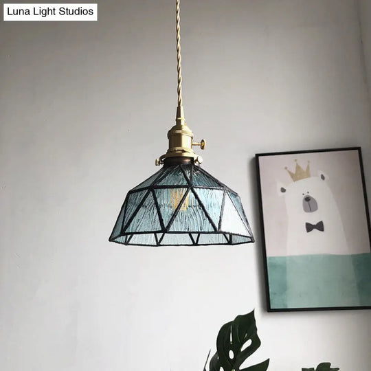 Blue/Clear Textured Glass Pendant - Faceted Barn Shaped 1 Light Country Style Ceiling