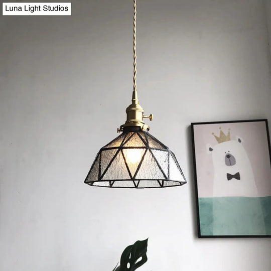 Blue/Clear Textured Glass Pendant - Faceted Barn Shaped 1 Light Country Style Ceiling Clear