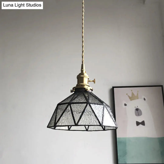 Blue/Clear Textured Glass Pendant With Brass Accents - Country Style Hanging Ceiling Light