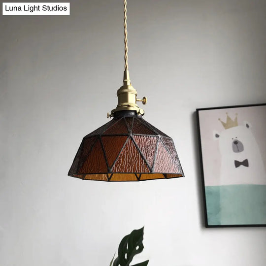 Blue/Clear Textured Glass Pendant - Faceted Barn Shaped 1 Light Country Style Ceiling Amber
