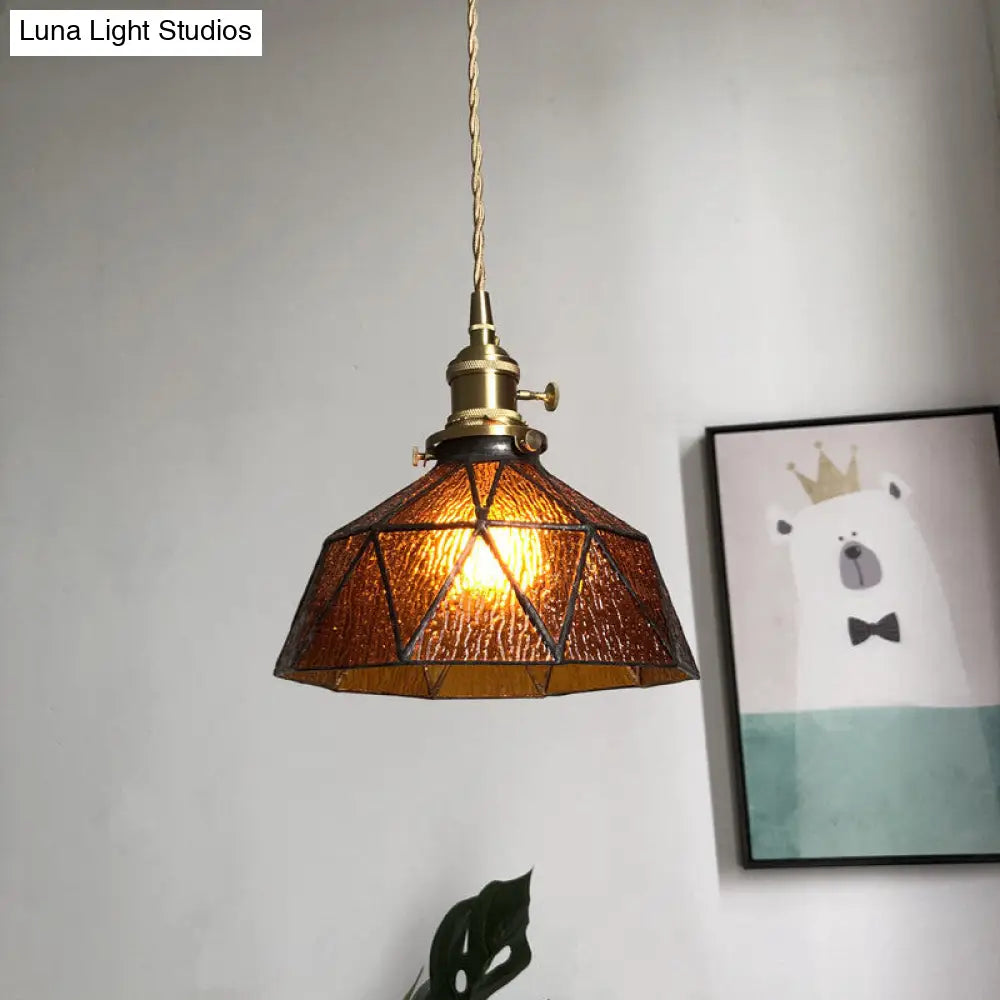 Blue/Clear Textured Glass Pendant - Faceted Barn Shaped 1 Light Country Style Ceiling