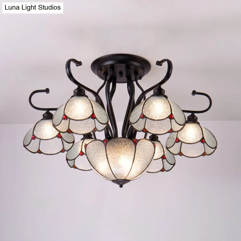 Blue/Clear Tiffany Style Scalloped Ceiling Light - Multi-Light Semi Flush