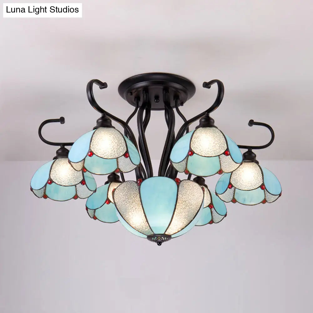 Blue/Clear Tiffany Style Scalloped Ceiling Light - Multi-Light Semi Flush Blue