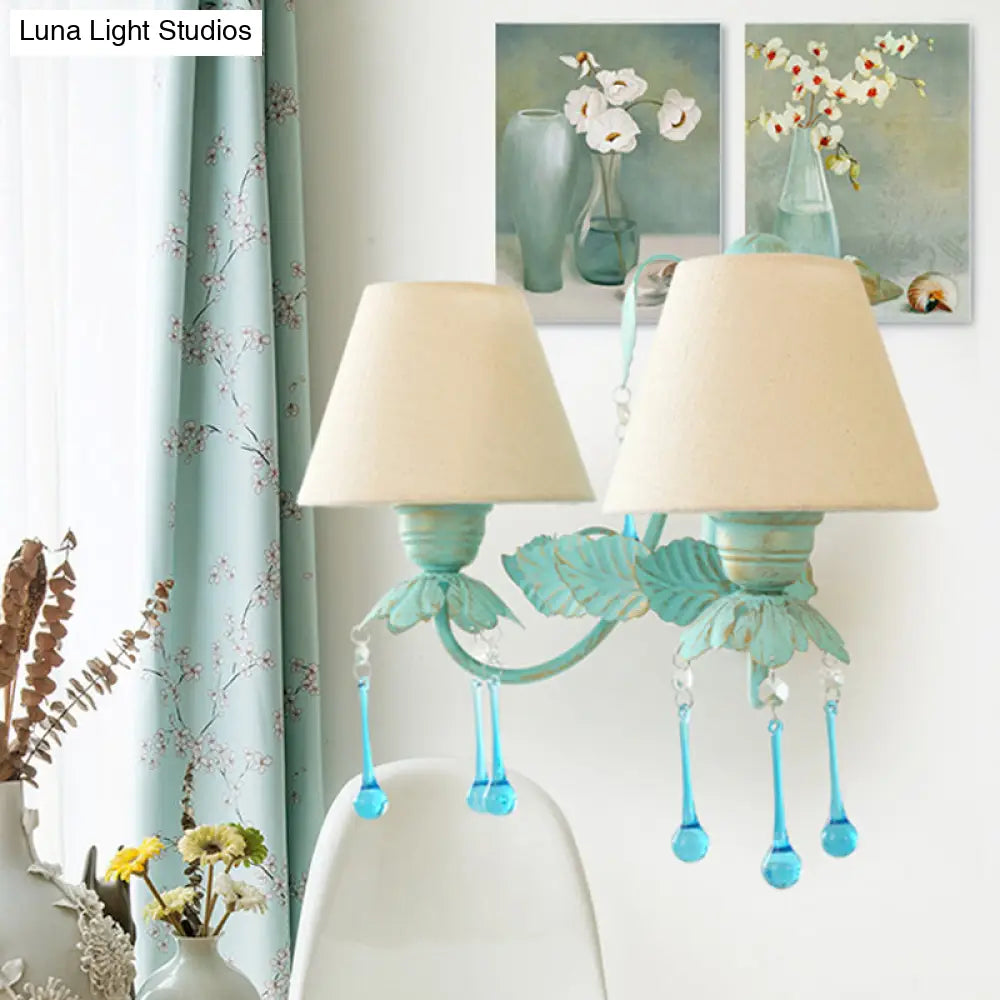 Blue Droplet Conical Fabric Wall Mounted Light With 2 Heads - Ideal For American Garden & Dining
