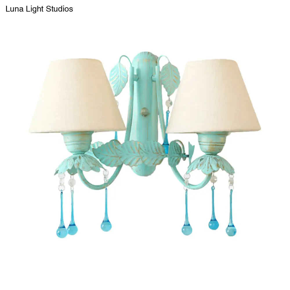 Blue Droplet Conical Fabric Wall Mounted Light With 2 Heads - Ideal For American Garden & Dining