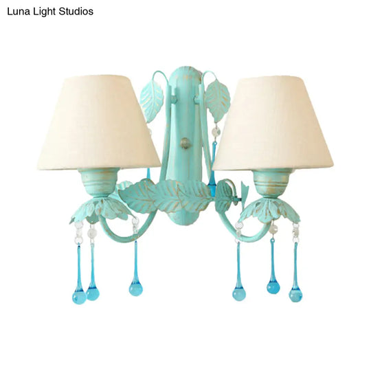 Blue Droplet Conical Fabric Wall Mounted Light With 2 Heads - Ideal For American Garden & Dining